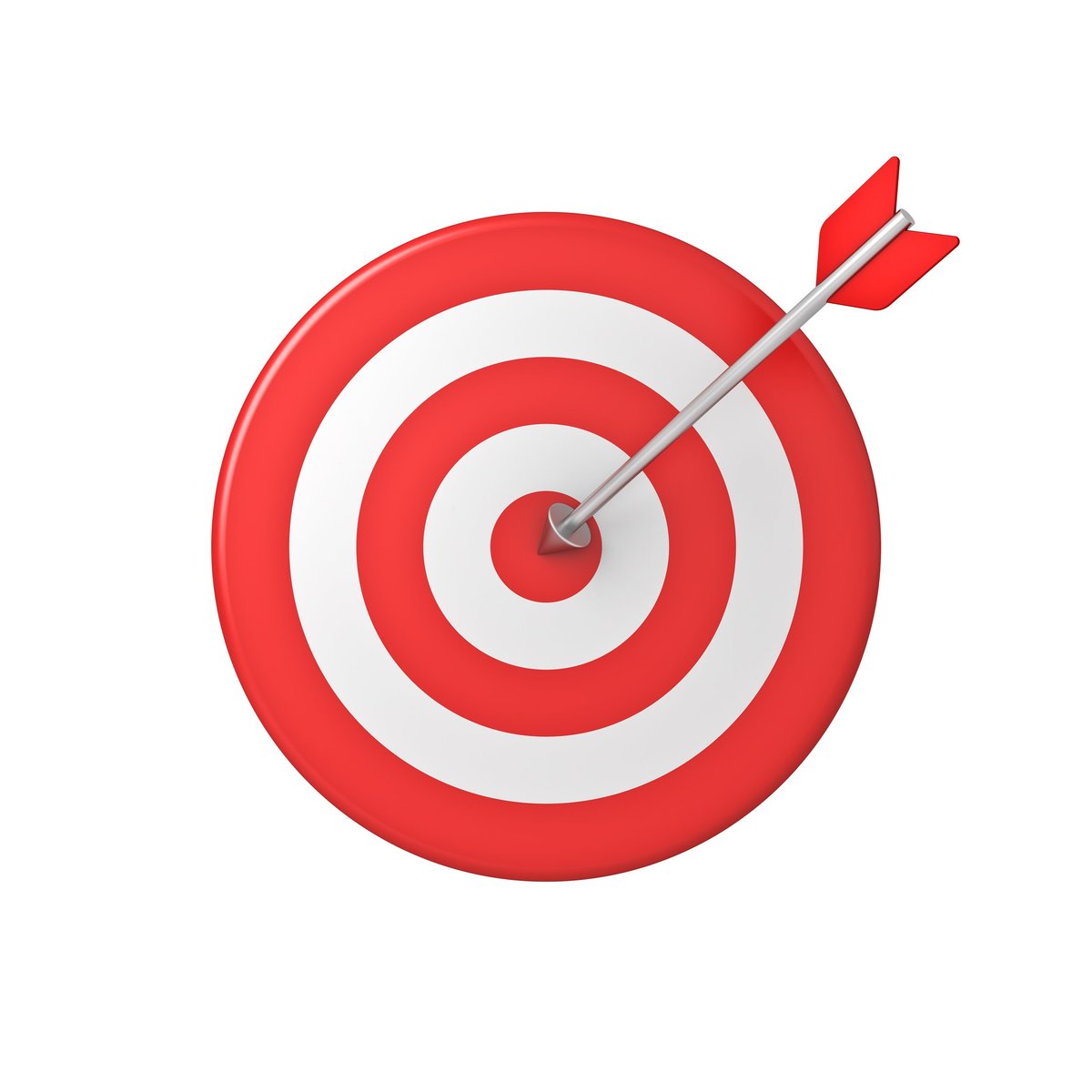 Red metal arrow hitting to the center of goal target dartboard isolated on white background the business creative idea concepts 3D rendering