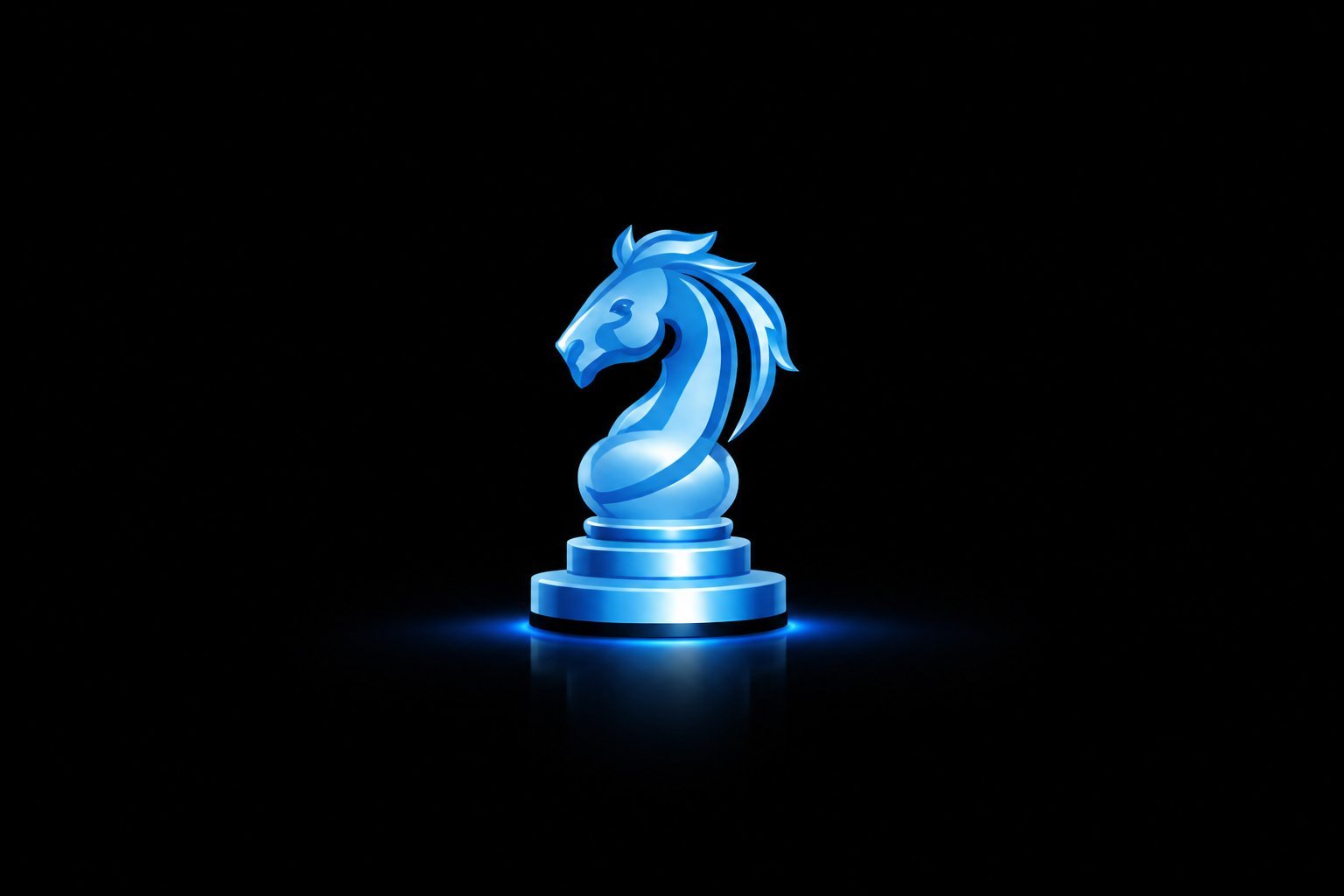 Blue glowing knight chess piece on a pedestal against a dark background