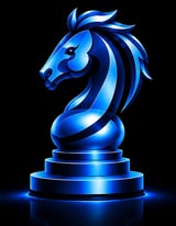 Blue glowing chess knight piece on tiered pedestal against black background