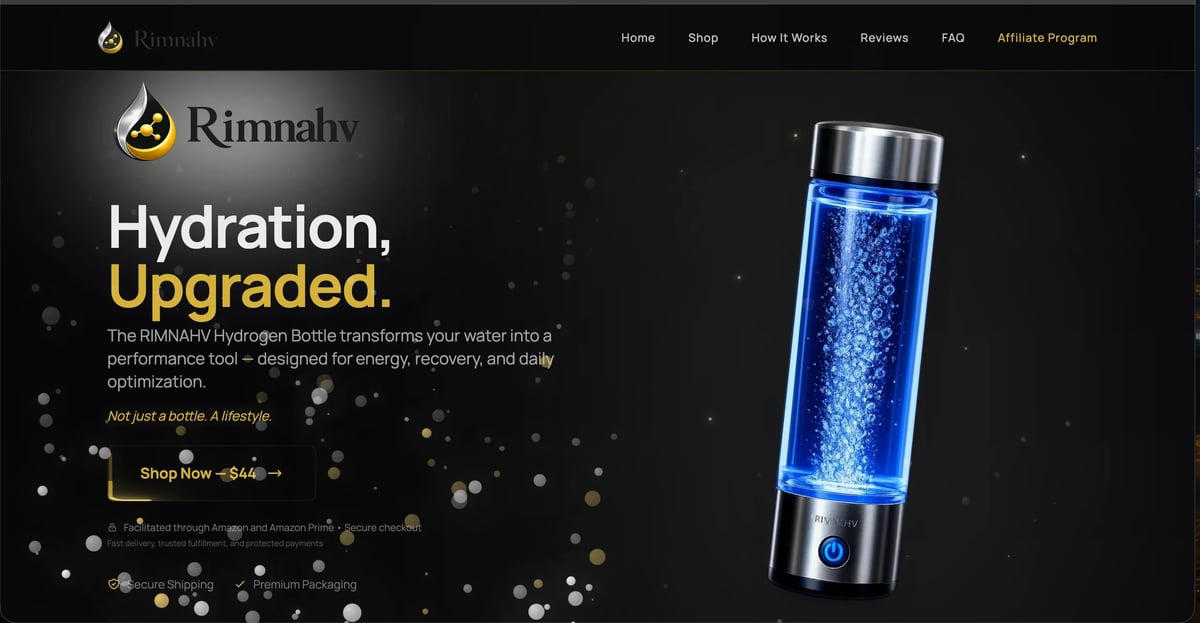 Rimmahv website showing a hydrogen water bottle with blue electrolyzed water, headline Hydration, Upgraded on dark background
