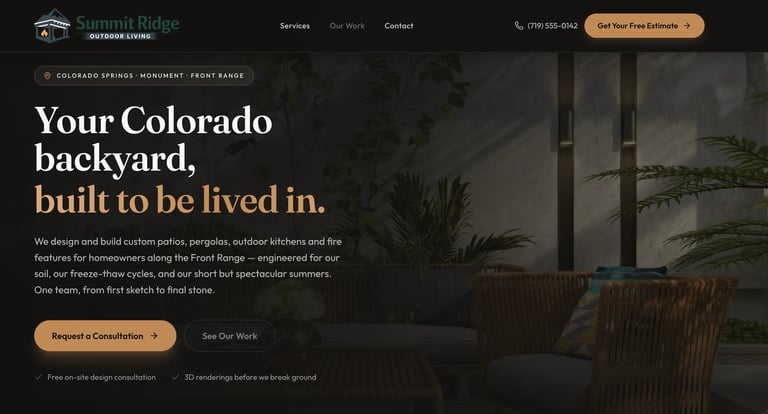 Summit Ridge Landscaping website homepage featuring outdoor patio design with seating area and text about Colorado backyard design services