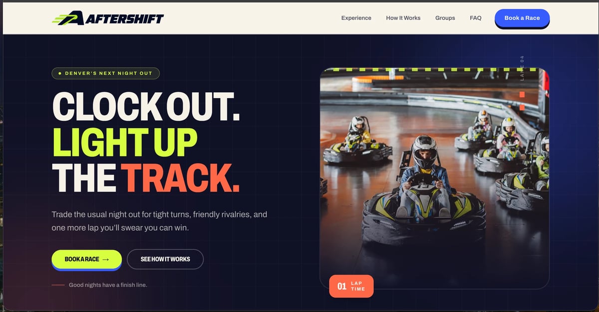 Aftershift website header featuring go-kart racing promotion with tagline Checkout Light Up The Track and action photos of racers