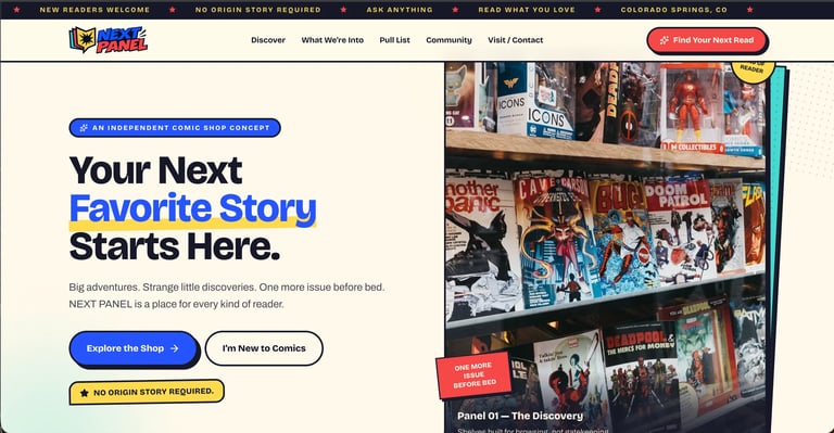 NEXT Panel website homepage showing Your Next Favorite Story tagline with comic book shelf display on the right