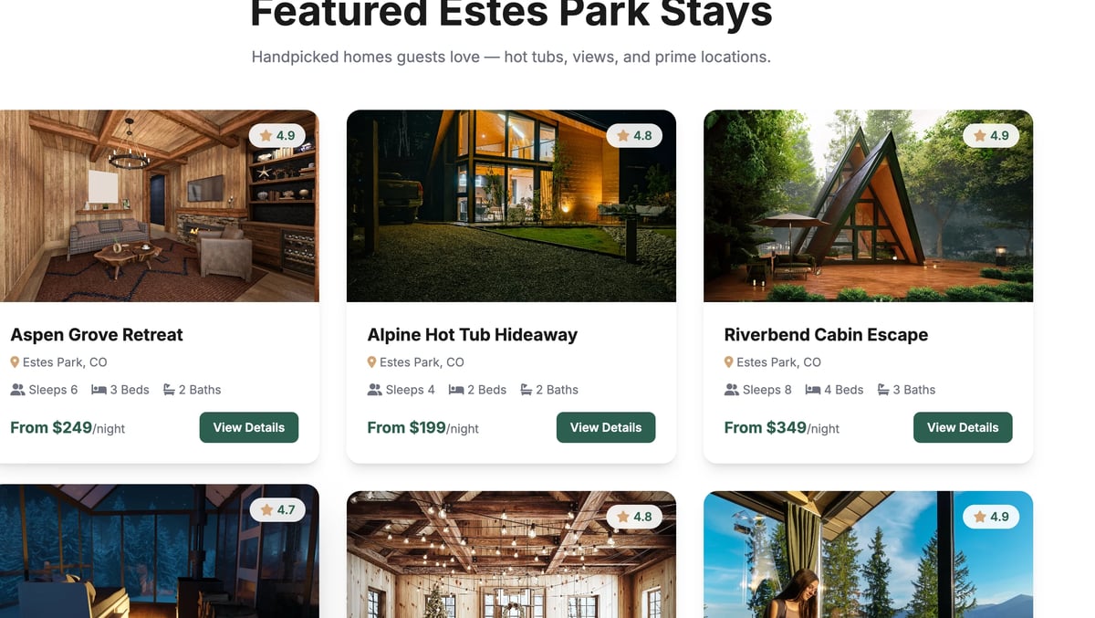 Featured Estes Park vacation rentals including Aspen Grove Retreat, Alpine Hot Tub Hideaway, and Riverbed Cabin Escape with pricing and booking details