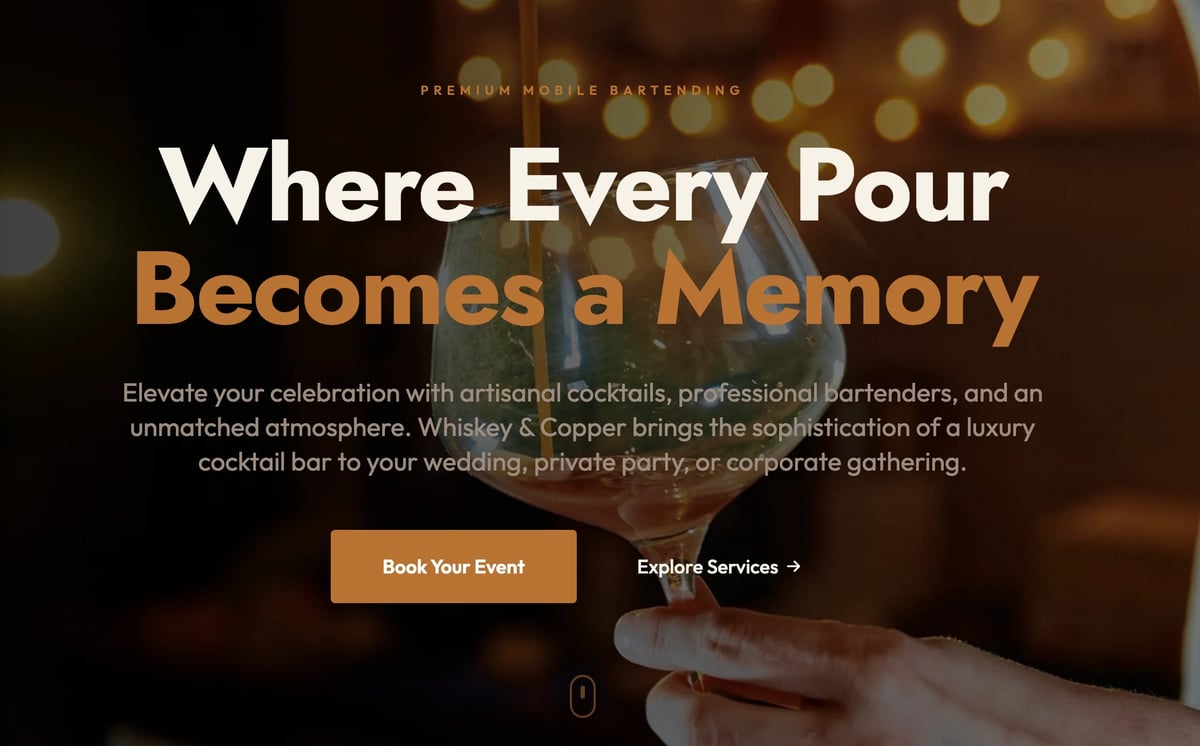 Premium bartending service website header with elegant cocktail imagery and booking options for luxury events