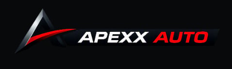 Apexx Auto logo featuring a red and silver angular swoosh design on black background