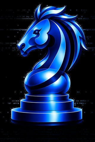 Blue glowing knight chess piece with luminous stripes on a tiered blue base against a black background