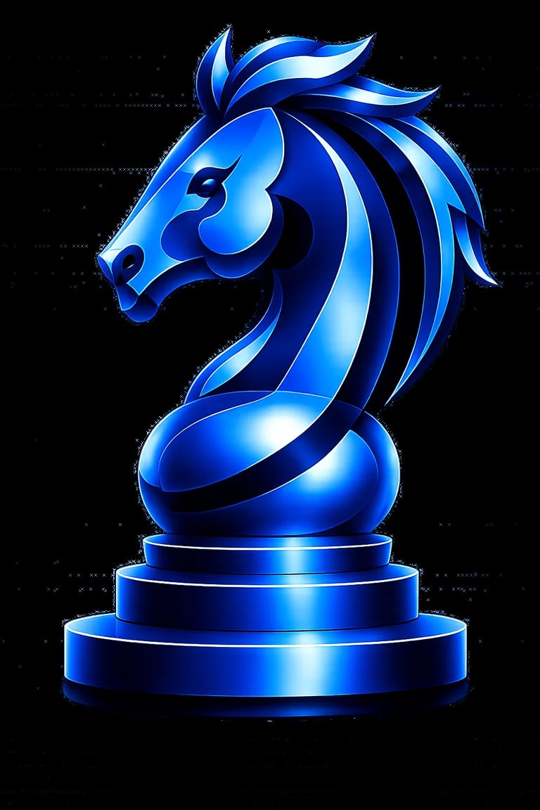 Blue glowing knight chess piece with luminous stripes on a tiered blue base against a black background