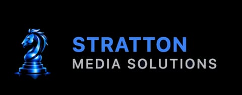 Stratton Media Solutions logo featuring a blue chess knight on black background with company name in blue text
