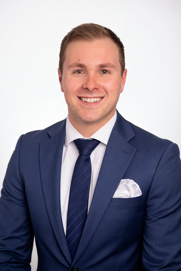 Smiling man in navy blue suit with white dress shirt and dark tie, professional headshot portrait against white background