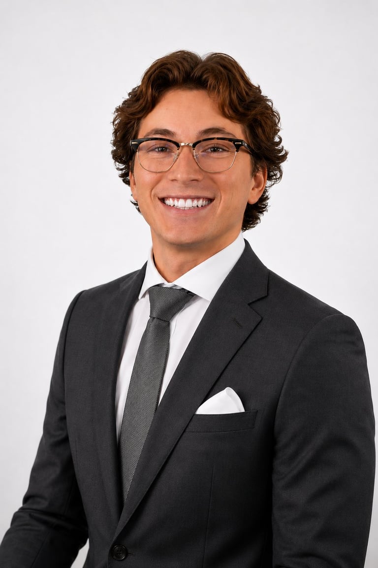 Professional headshot of a smiling man with brown wavy hair and glasses, wearing a black suit, white shirt, and gray tie